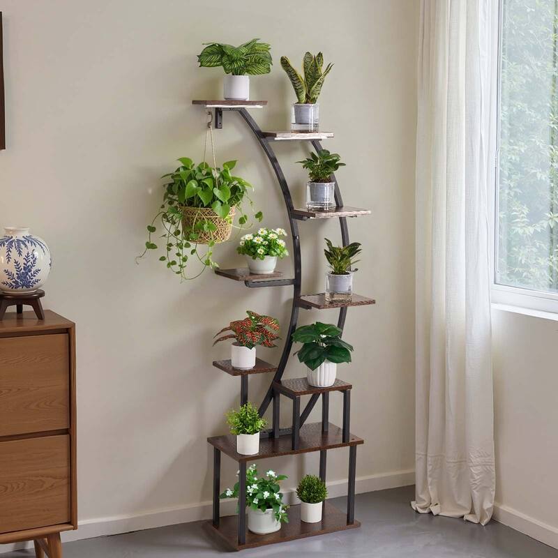 63" Tall 9-Tier Indoor Plant Stand with LED Grow Lights and Adjustable Brightness Timer - 24.41” × 11.02” × 63”