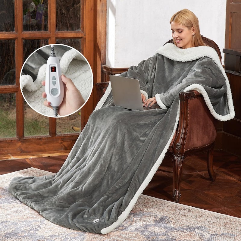 50"×70"+18" Wearable Electric Heated Blanket with Foot Pocket & Sleeves