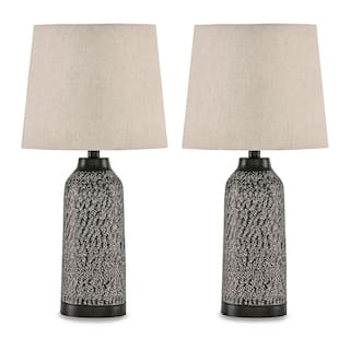 Table Lamp Set of 2, Beige Drum Shade, Black Hammered Motif Metal Base