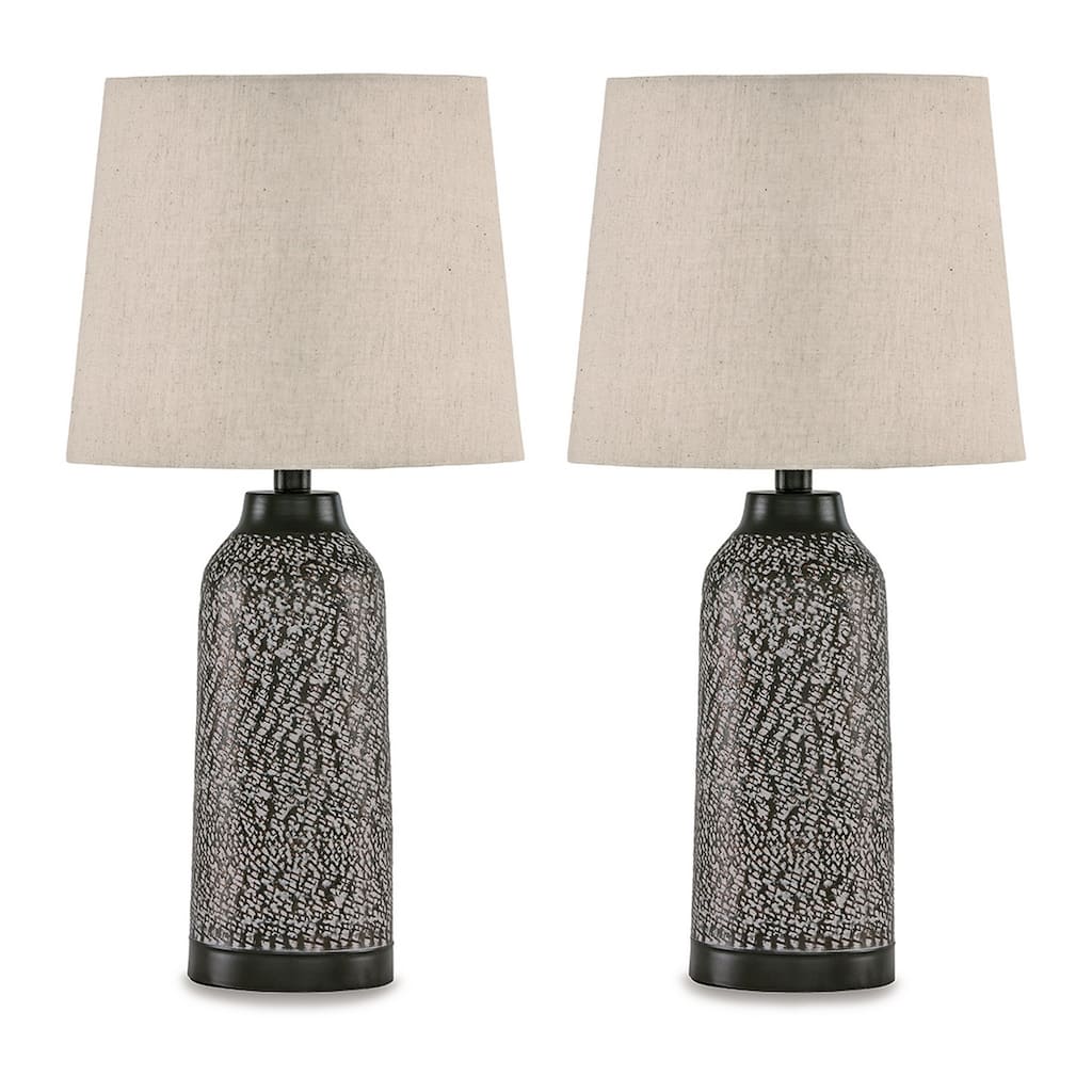 Table Lamp Set of 2, Beige Drum Shade, Black Hammered Motif Metal Base
