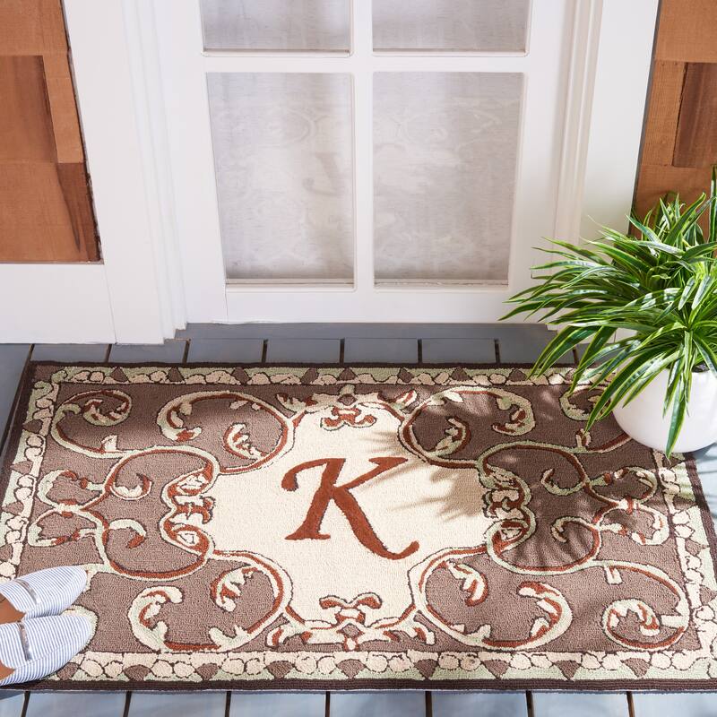 SAFAVIEH Hand-hooked Monogram Athina J Mocha Rug - 2' 6" x 4' - Mocha - K