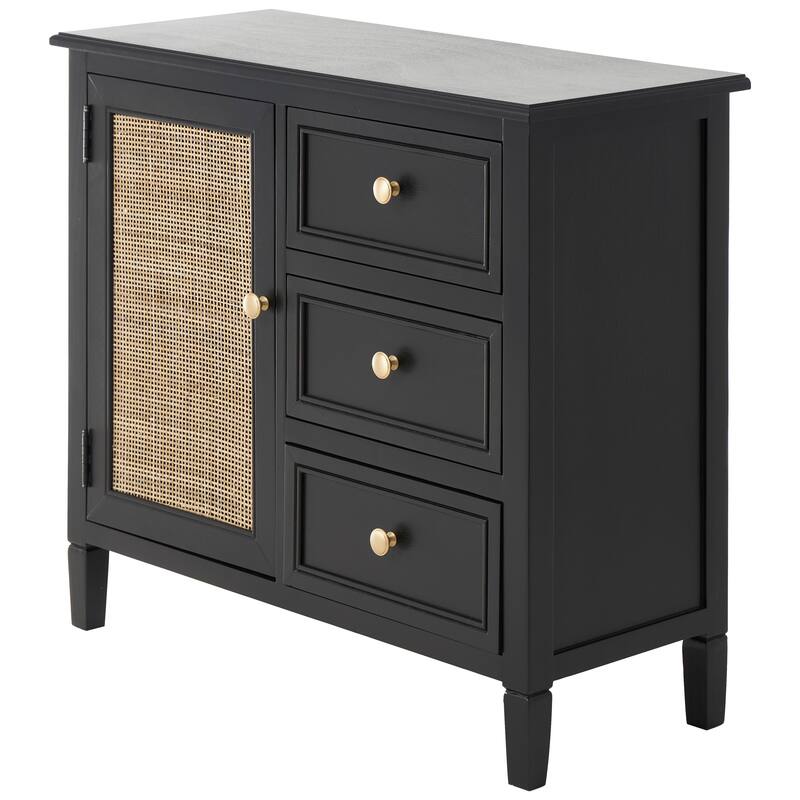 Black Wood Handmade 3 Drawers and 1 Door Cabinet with Rattan Front