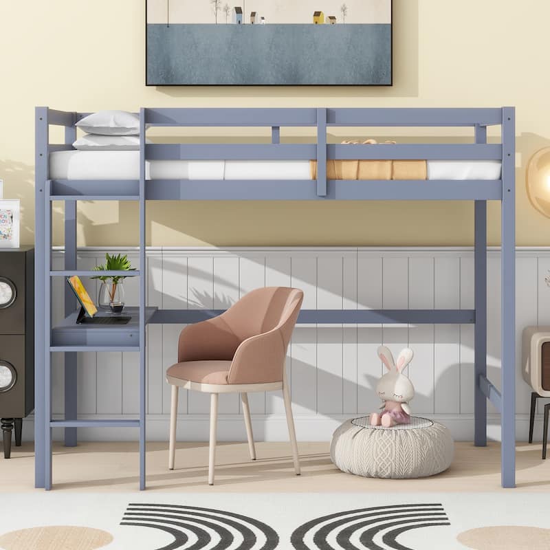 Grey Twin High Loft Bed with Built-in Desk and Safety Guardrail, Rubber Wood Construction