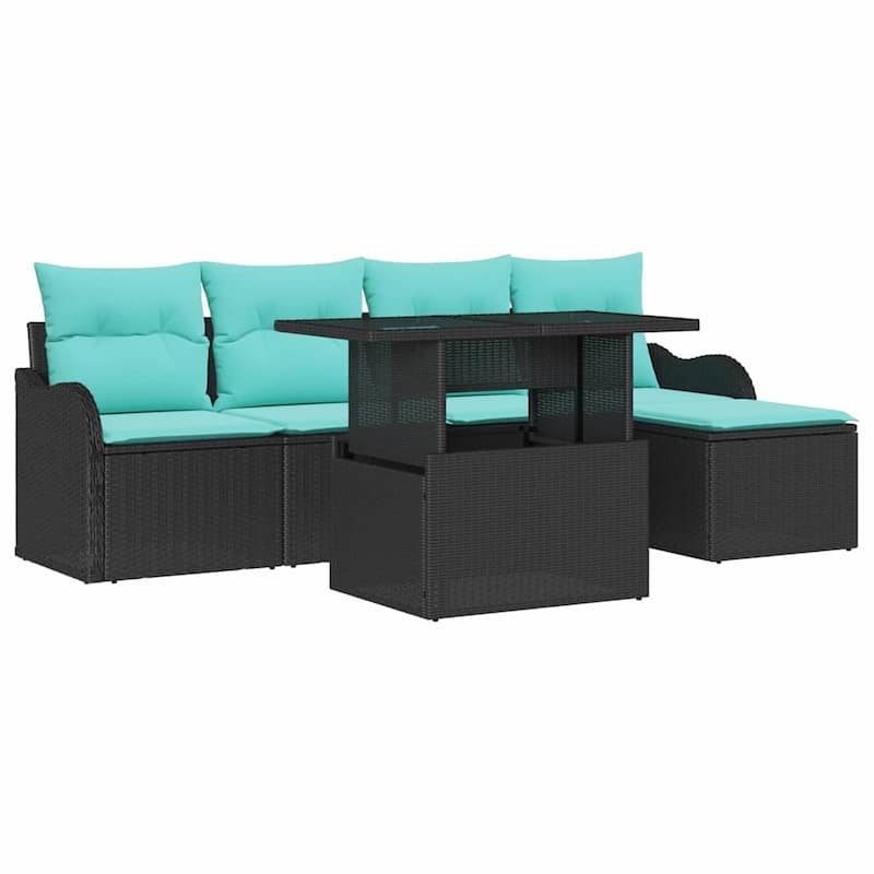 vidaXL 6 Garden Sofa Set with Cushions Black/Brown/Grey Poly Rattan - 90.9 x 46.1 x 27.2