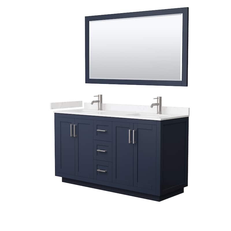 Miranda Bathroom Vanity Set, Cultured Marble Top, 58-Inch Mirror - 60-Inch Double - Dark Blue, Nickel Trim,Carrara Cultured Marble Top
