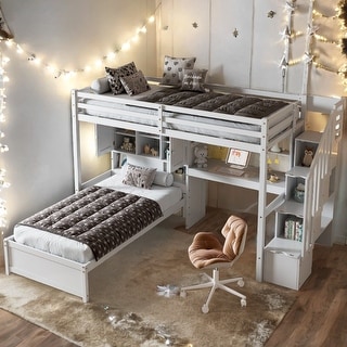 Twin Over Twin Loft Bed with Desk,Staircase,Storage Shelves and Platform Bed