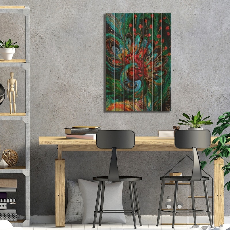 Totem Series I. The Peacock Print On Wood by Elena Kotliarker - Multi-Color