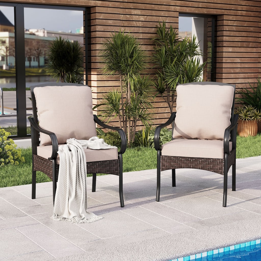 MAISON ARTS Patio Dining Swivel Chairs Set of 2 Framed E-Coating Steel and Rattan with Deep-seating and Back Cushions