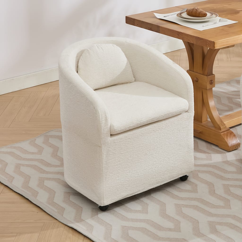 Set of 1 Chenille Fabric Dining Armchair With Back Cushion and Universal Wheels,Beige