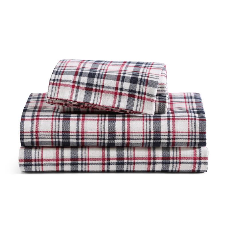 Tommy Hilfiger Printed Cotton Flannel Sheet Set - Glenbrook Plaid Blue - Queen