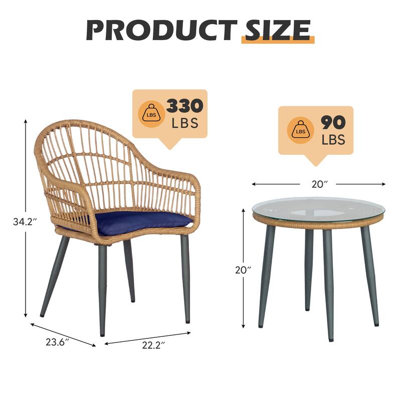 3 Pieces Bistro Set Outdoor Conversation Sets with Glass Top Table and Cushions for Porch,Backyard, Balcony,Poolside