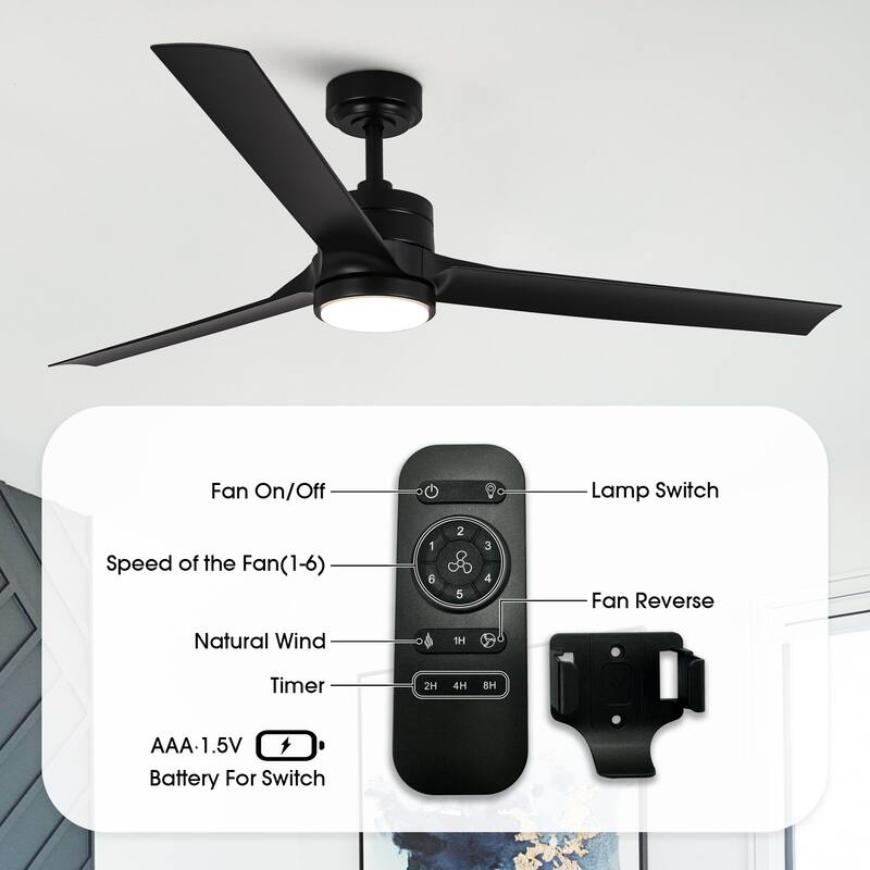 60" Black 3-blade Large Indsutrial LED Ceiling Fan with Light and Remote