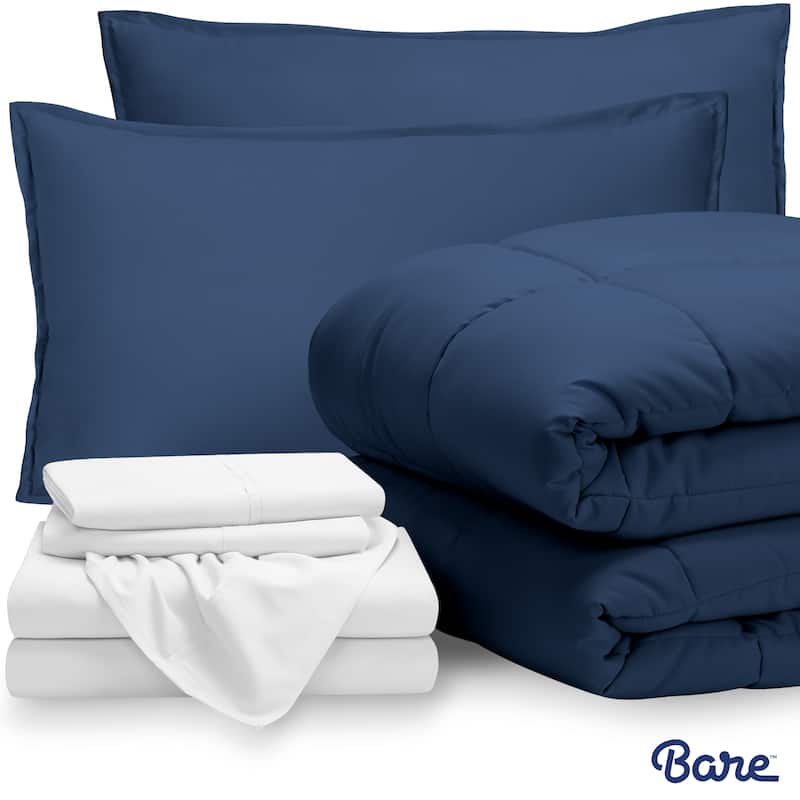 Bare Home Bed-in-a-Bag Down Alternative Comforter & Sheet Set - Dark Blue/White - California King