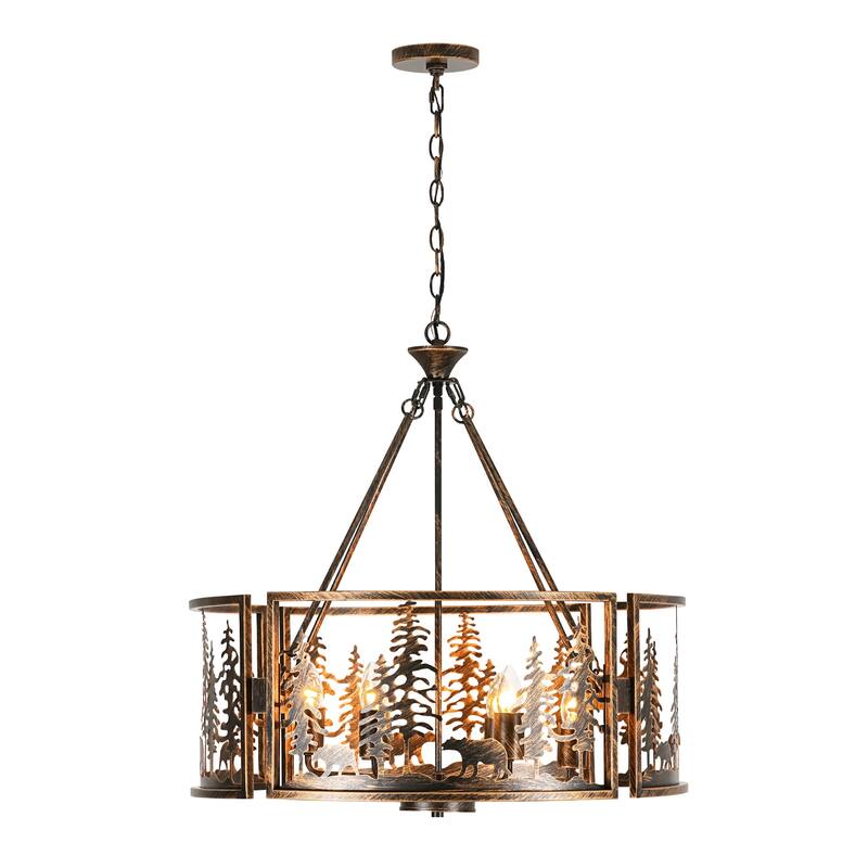 6-Light Black & Gold Iron Chandelier with Adjustable Chain for Rustic Lodge Spaces - 26 in. W x 26.4 in. H