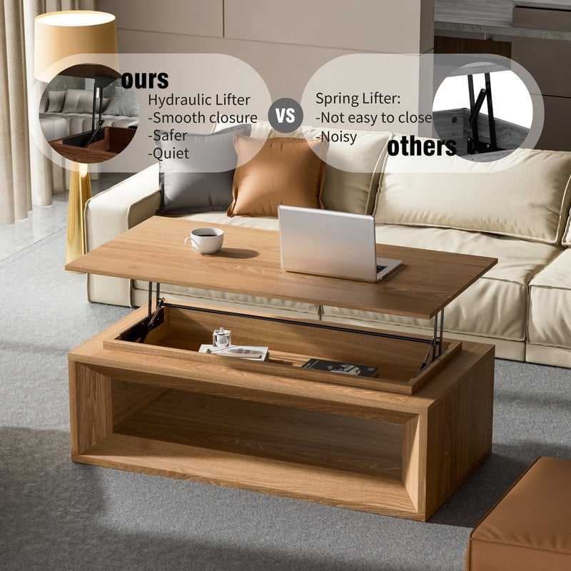 43.3" Lift-Top Coffee Table, Solid Wood Veneer Modern Accent Table with Storage and Adjustable Height