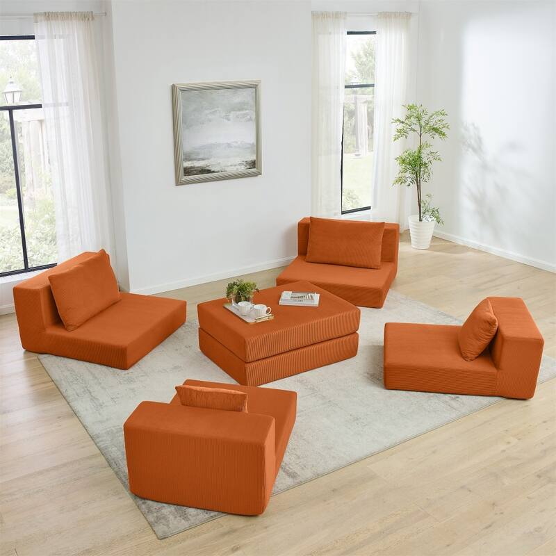 Modular Upholstered Convertible Sectional Sofa with Ottoman & Throw Pillows