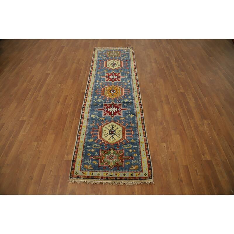 Hand Knotted Oriental 100% Wool Carpet Traditional Geometric Navy Blue & Blues Kazak Runner Rug - 8' 3'' X 2' 6''