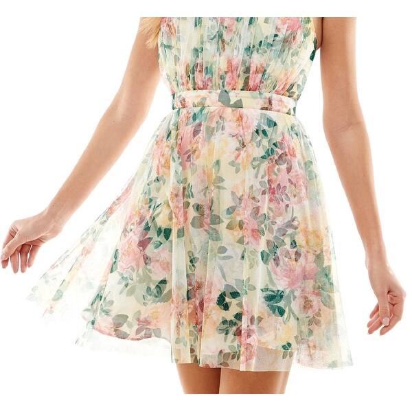 City Studios Junior's Emma Floral Cross Back Fit & Flare Dress Yellow Size  9 - Bed Bath & Beyond - 40579805