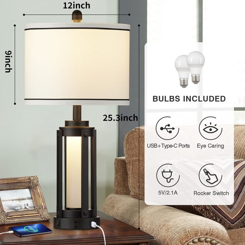 25.5" Industrial Modern USB Table Lamp Set with Night Light, Built-in Outlet(Set of 2) - 12'' x 12'' x 25.3'' (L x W x H)