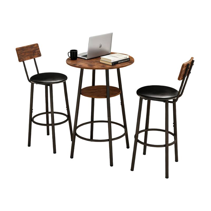 3 Pieces Round Bar Table and Chairs Set, Small Dining Table for 2 with 2-Tier Storage & 2 PU Upholstered Bar Stools - Brown