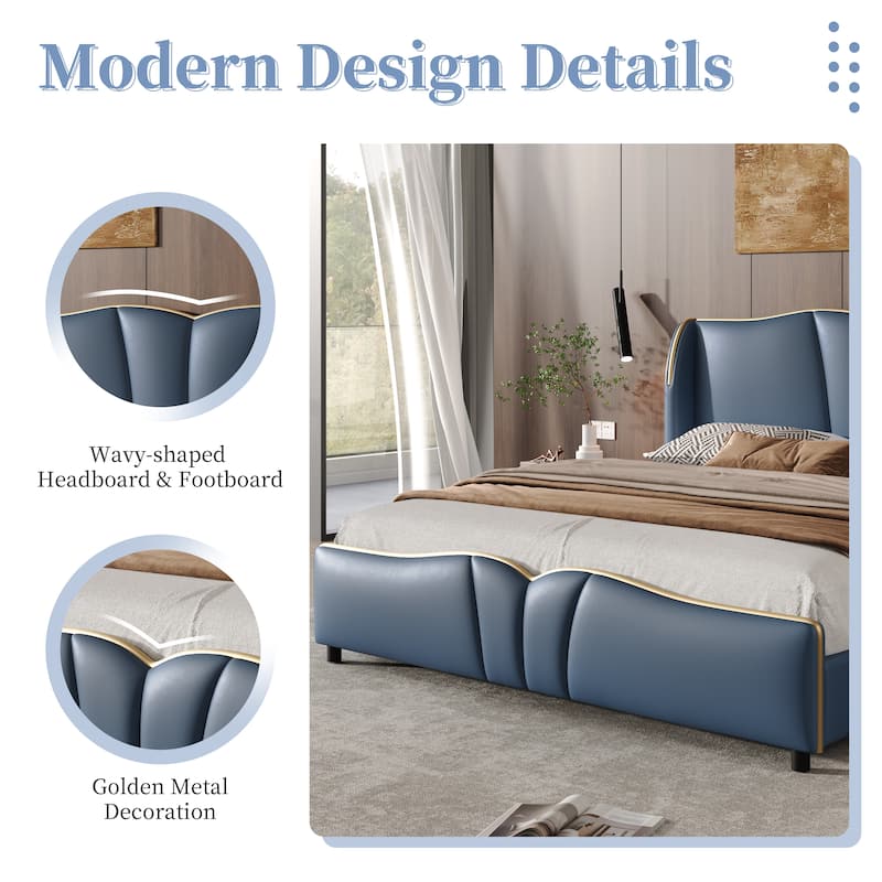 Christopher Knight Home - Emerson Modern Leather Upholstered Bed Frame with Wingback Headboard and Wavy Footboard