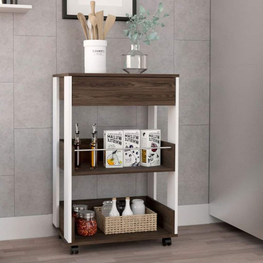 Rolling Kitchen Cart, 35" H, 3 Shelves, Four Casters, White & Dark Walnut Finish