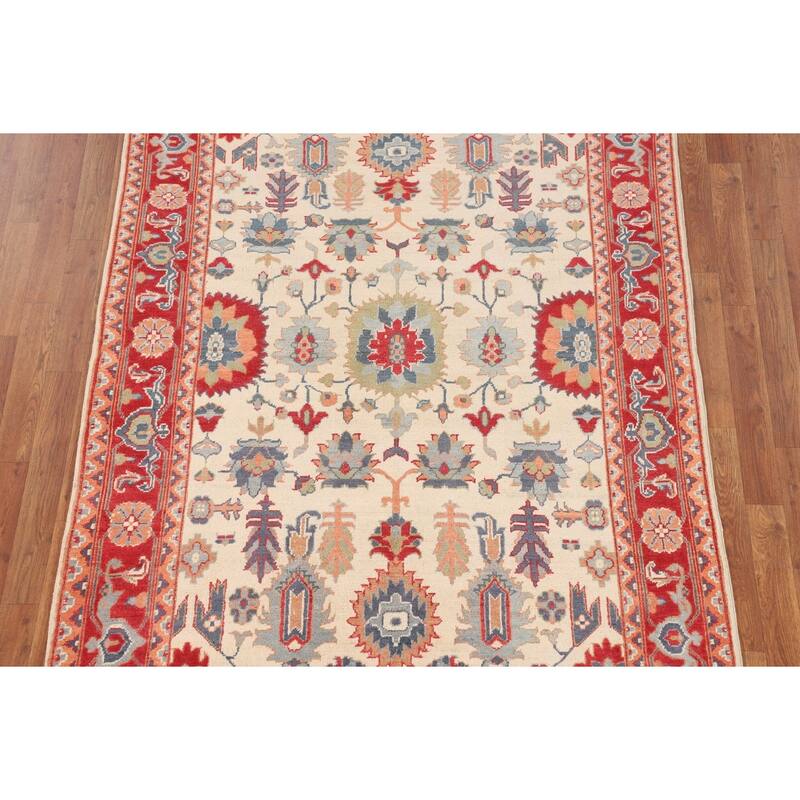Blue Geometric Kazak Area Rug Hand-Knotted Oriental Wool Carpet - 4'11" x 6'7"