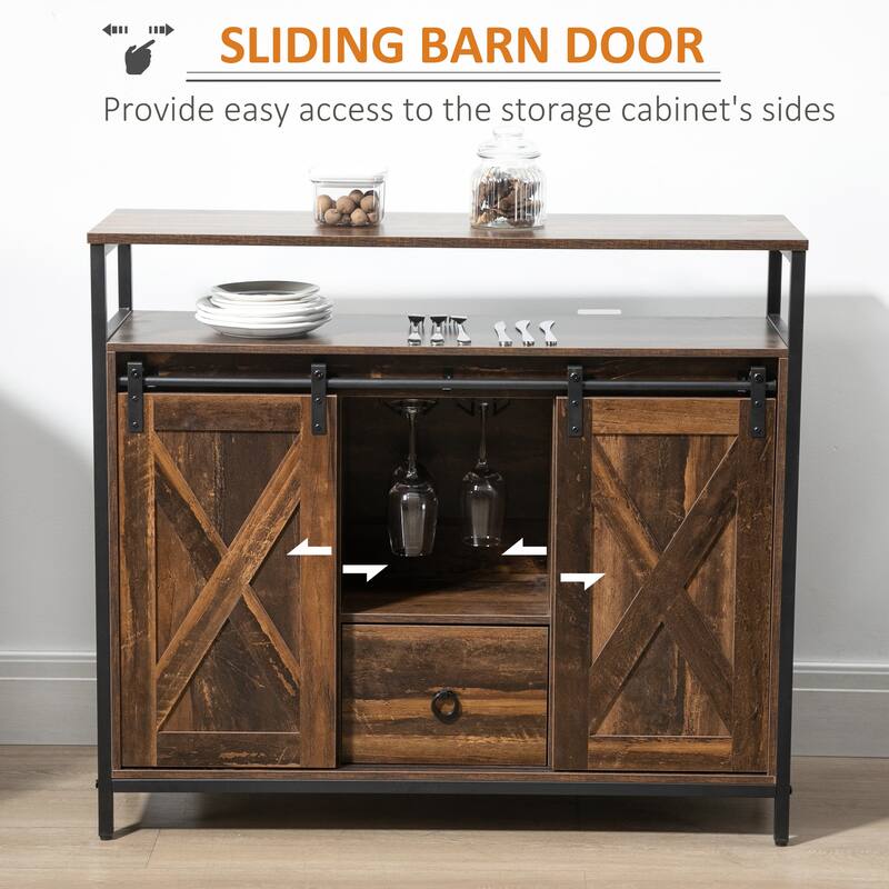 HOMCOM Industrial Buffet Cabinet with Sliding Barn Doors, Storage Cabinets, Stemware Racks, Drawer and Adjustable Shelves