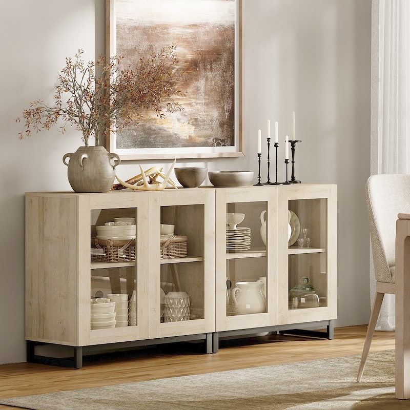 WAMPAT Multifunctional Sideboard Buffet Cabinets with Glass Doors, Modern Sideboard with Adjustable Shelf, Coffee Bar Cabinet - 2PCS - Beige