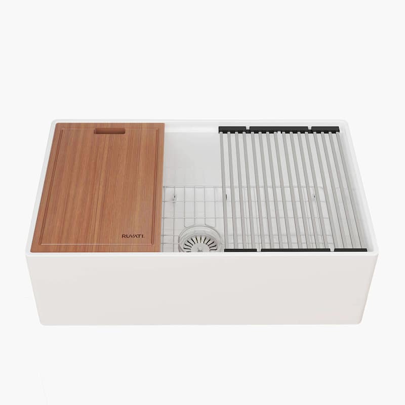 Ruvati 30 inch Fireclay Workstation White Farmhouse Kitchen Sink Apron Front Single Bowl - RVL2182WH - 30 x 18