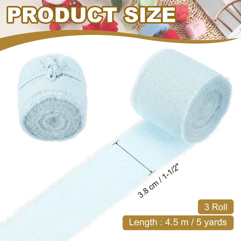 1-1/2"x15 Yd Handmade Fringe Cotton Ribbon Frayed Ribbons 3 Roll - 5Yd - Dust Blue