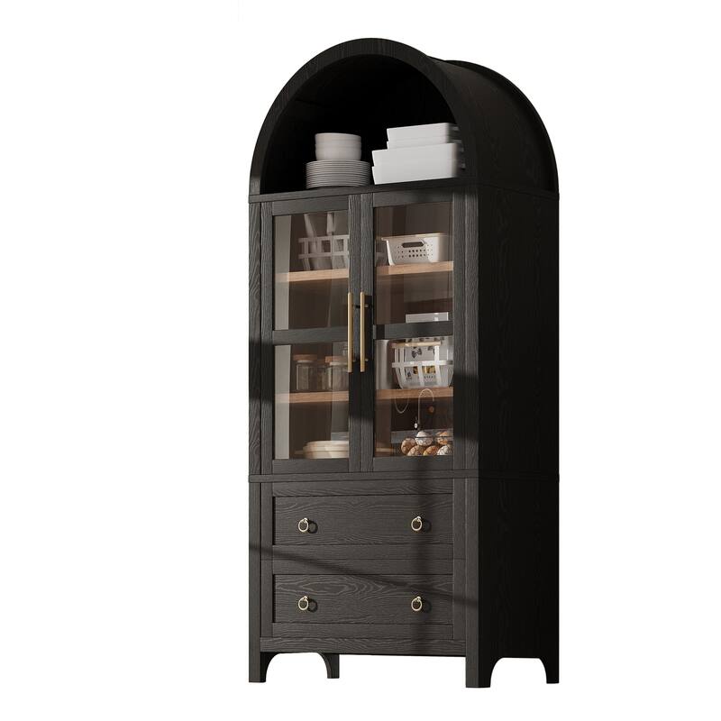 71"Tall Arched Kitchen Pantry Cabinet with 2 Large Drawers, Kitchen Storage Cabinets with Adjustable Shelves, Glass Door