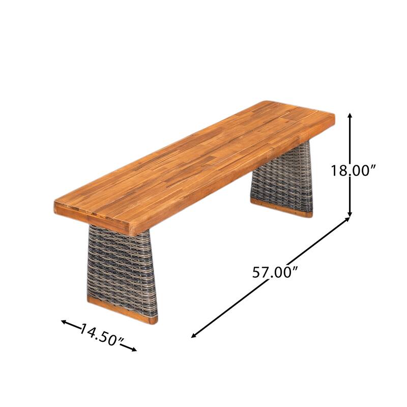 Christopher Knight Home - 3-Piece Outdoor Acacia Wood Dining Set with 2 Woven Ratan Leg Benches & 70" Solid Wood Dining Table