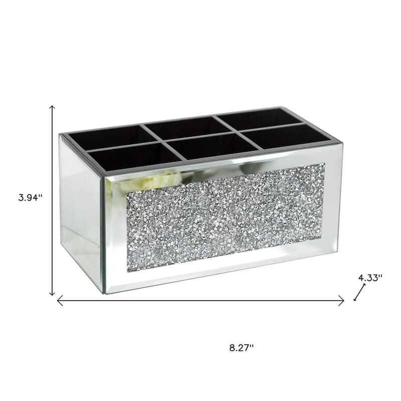8" Silver Mirrored Glass Six Section Jewelry Organizer With Faux Crystals