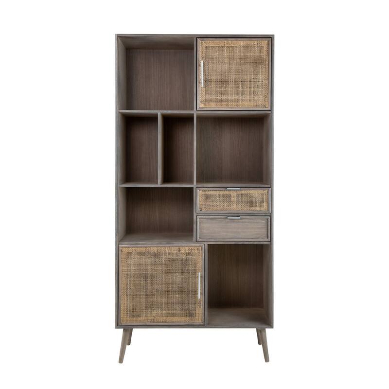 Modern Gray Cabinet with Woven Rattan Panels - Boho Storage Tower with Cubby Shelves for Any Room