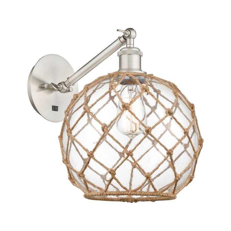 Innovations Lighting Endless Possibilities Ballston - Farmhouse Rope - 1 Light 10" Adjustable Sconce - Arm Adjusts Up and Down - Clear Glass with Brown Rope/Brushed Satin Nickel