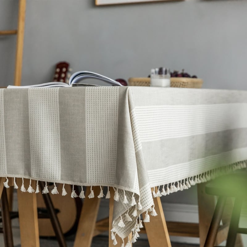 Enova Home Beige High Quality Rectangle Cotton and Linen Tablecloth with Tassels For Dinning Table