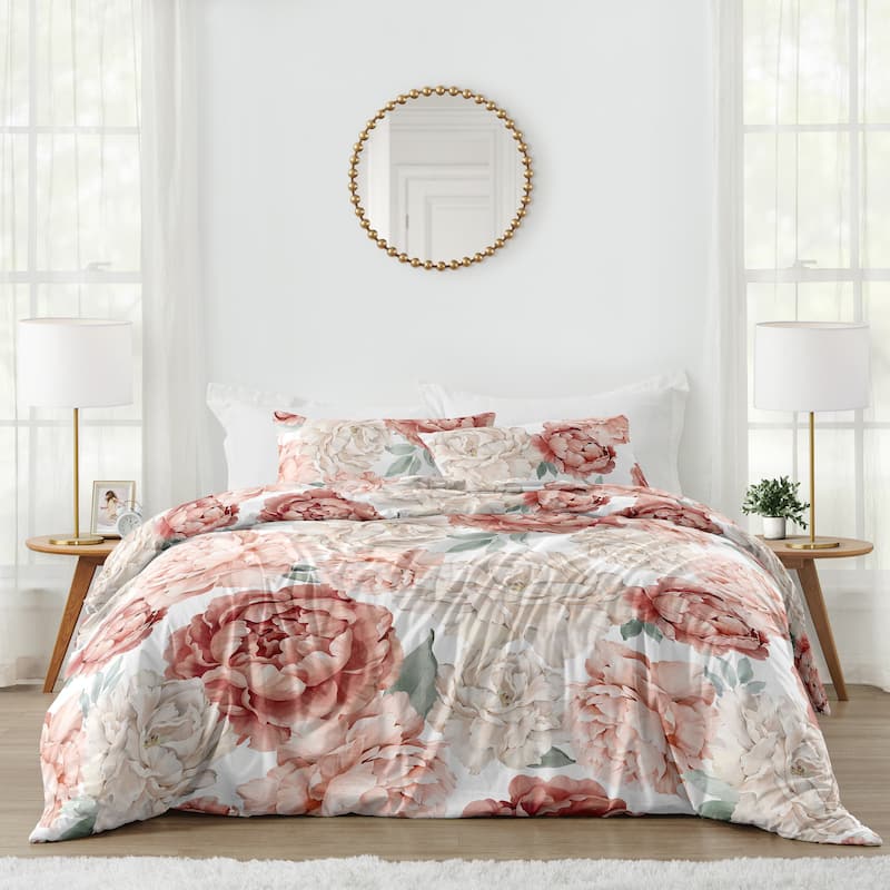 Boho Shabby Chic Floral Girl Full/Queen Comforter Set Ivory Bohemian Vintage Garden Watercolor Flower Nature Elegant Dusty Rose