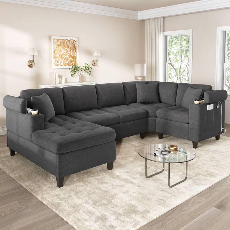 Oversized Corner Sectional, Modern U-Shaped Sectional Sofa with Built-in Storage Boxes and Dual Cup Holders, USB Ports, Pockets