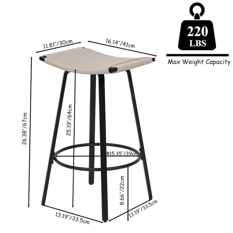 Set of 2 Backless Handwoven PVC Bar Stools with Round Footrest, Counter Height Pub Stools Indoor/Outdoor - Black & Creamy White