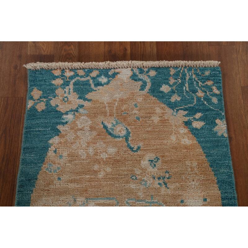 Hand Knotted Oriental 100% Wool Carpet Transitional Animal Pictorial Peach Oushak Area Rug - 2' 11'' X 1' 11''