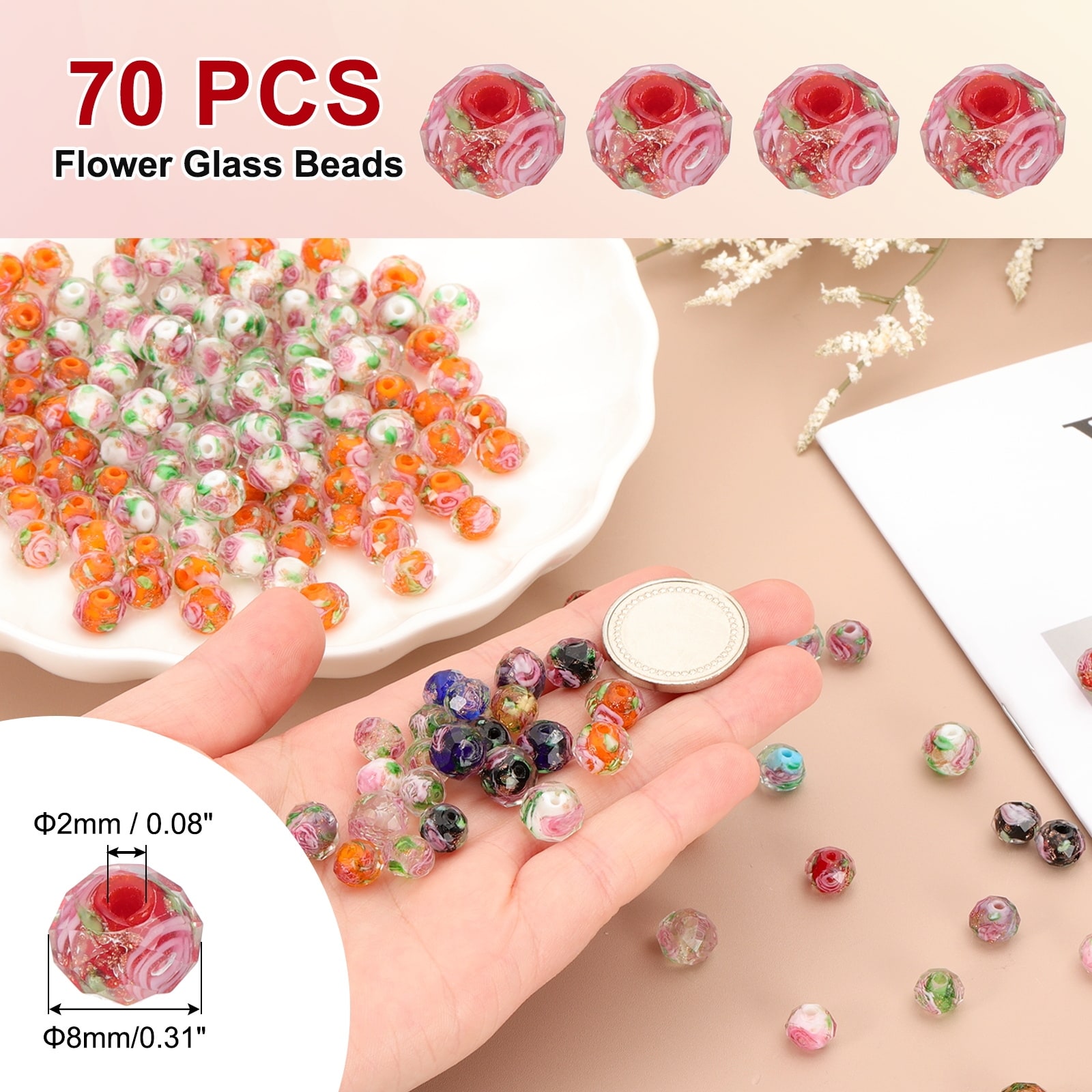 8mm Flower Glass Beads, 70Pcs Handmade Gold Sand Floral Bead Faceted, Orange