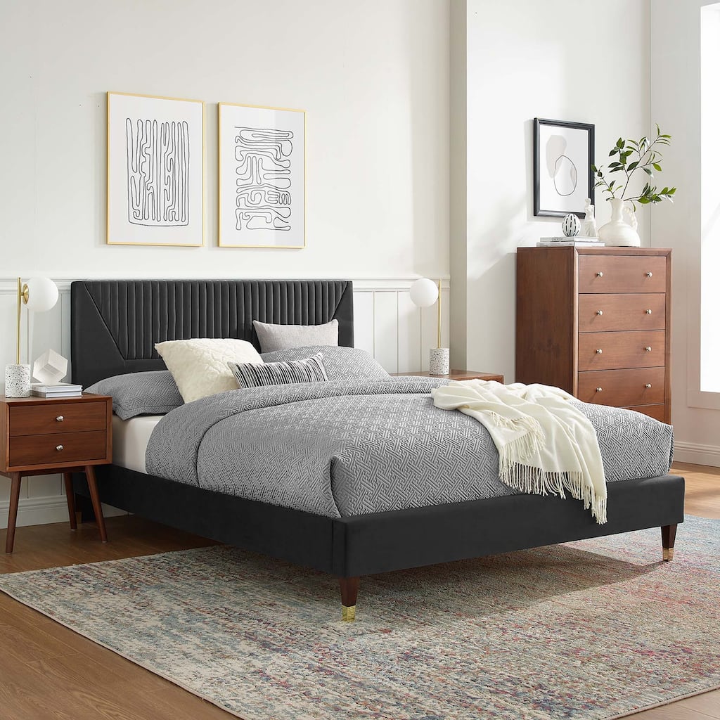 Yasmine Channel Tufted Performance Velvet Queen Platform Bed