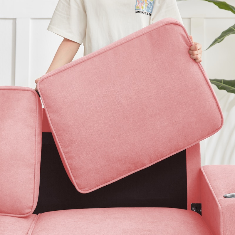 Snowfleece Fabric Cloud Sofa, Upholstered 3 Seater Sofa with Square Armrests, Compressed Couch with 2 Cup Holders