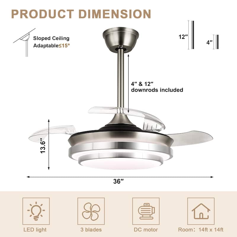 Bella Depot 36" Modern Retractable Ceiling Fan with Dimmable Led Light and Remote, 6-Speed Reversible DC Motor