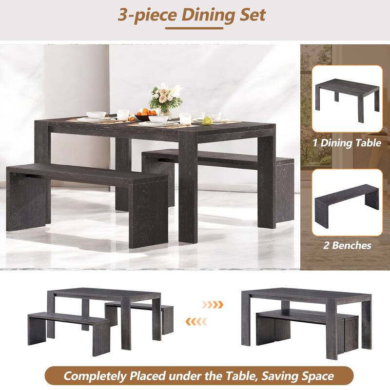 3-Piece Farmhouse Dining Table Set with 2 Benches, Space-Saving Wood Kitchen Table for Dining Room or Kitchen