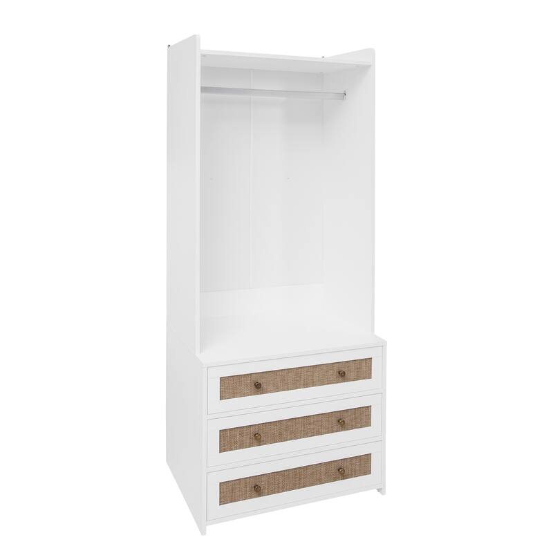 Roomfitters Wardrobe with 3 Drawers, Tall Armoire with Rattan Front, Bedroom Closet Storage Organizer, White