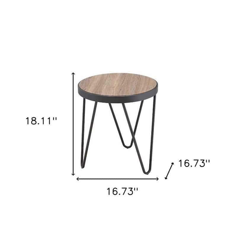 18" Round End Table with Black Iron Base and Brown Wood Top Rustic Accent for Living Room - 16.73”L x 16.73”W x 18.11”H