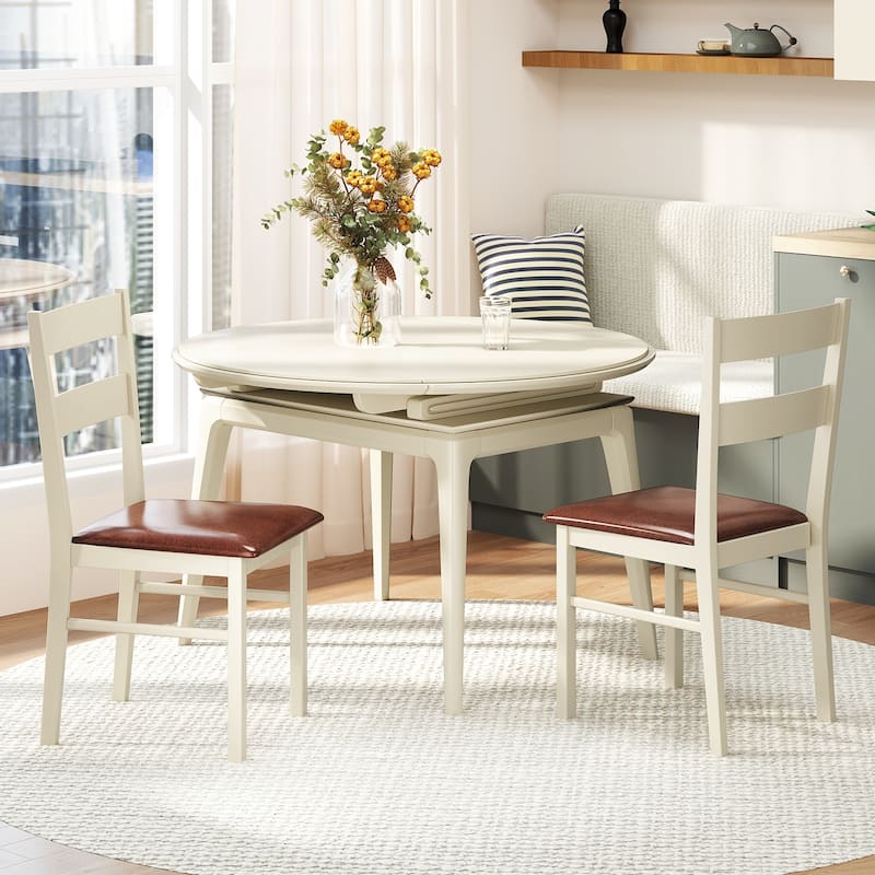 White Rubber Wood PU Leather Dining Chairs Set of 2 with Padded Seats - 16.5" L x 18.5" W x 35" H
