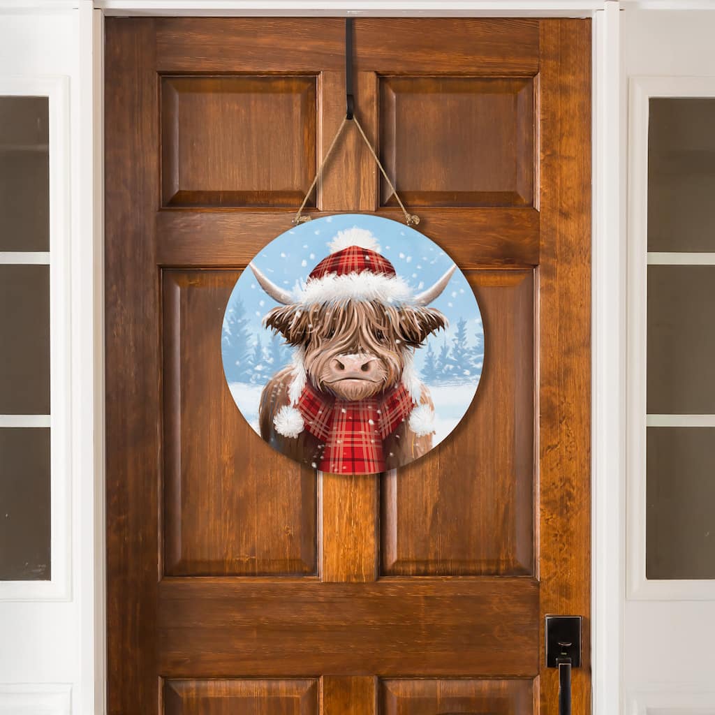 Holiday Highland Cow Wood Door Decor, 18" - Multicolor